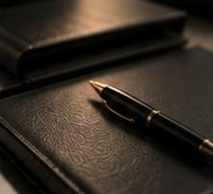 A leather portfolio and fountain pen on a desk