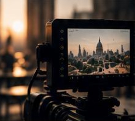 A film camera monitor showing the London skyline