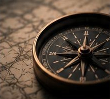 A brass compass resting on a map
